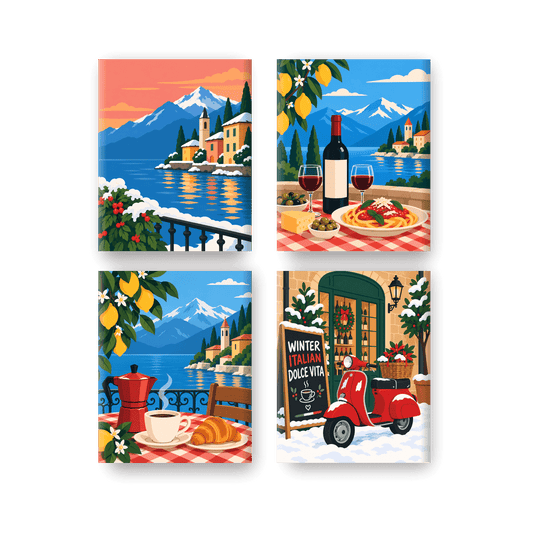 4 Mini-Gemälde | Winterliche italienische Seen Set