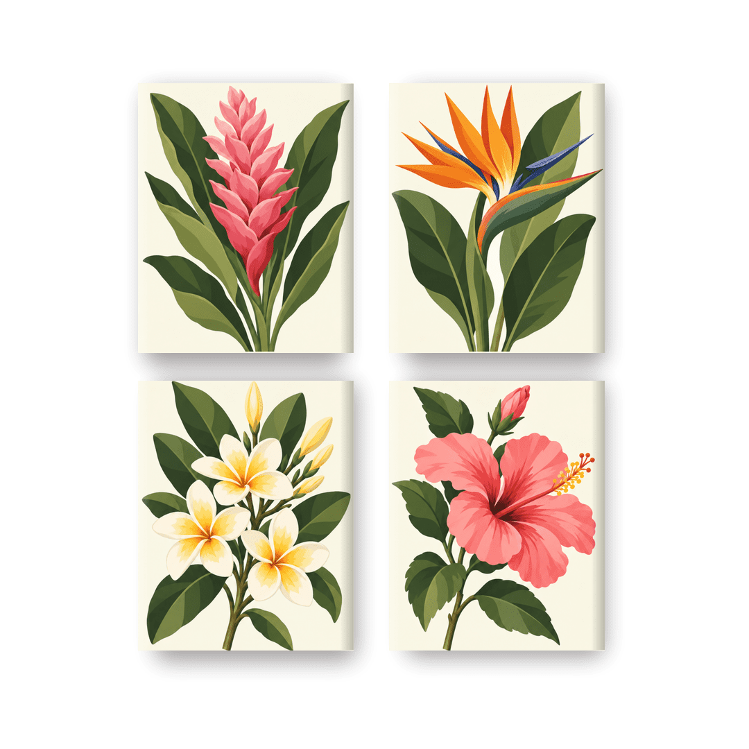 4 Mini-Gemälde | Tropische Blüten Set