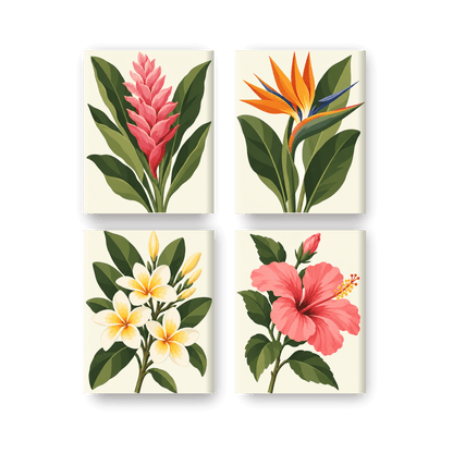 4 Mini-Gemälde | Tropische Blüten Set