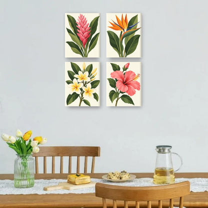 4 Mini-Gemälde | Tropische Blüten Set
