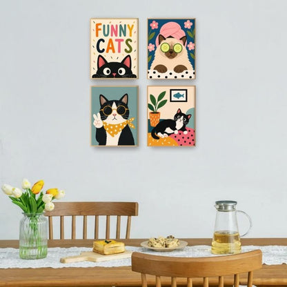 4 Mini-Gemälde | Comedy-Katzen Set
