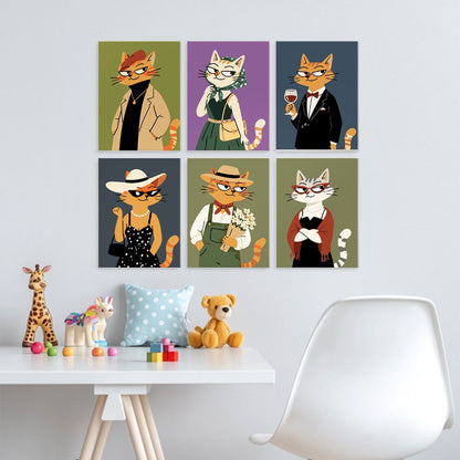 6 Mini-Gemälde auf Holzplatte – Modische Katzen Set