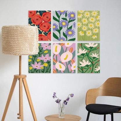 6 Mini-Gemälde auf Holzplatte – Kräftige Blüten Set