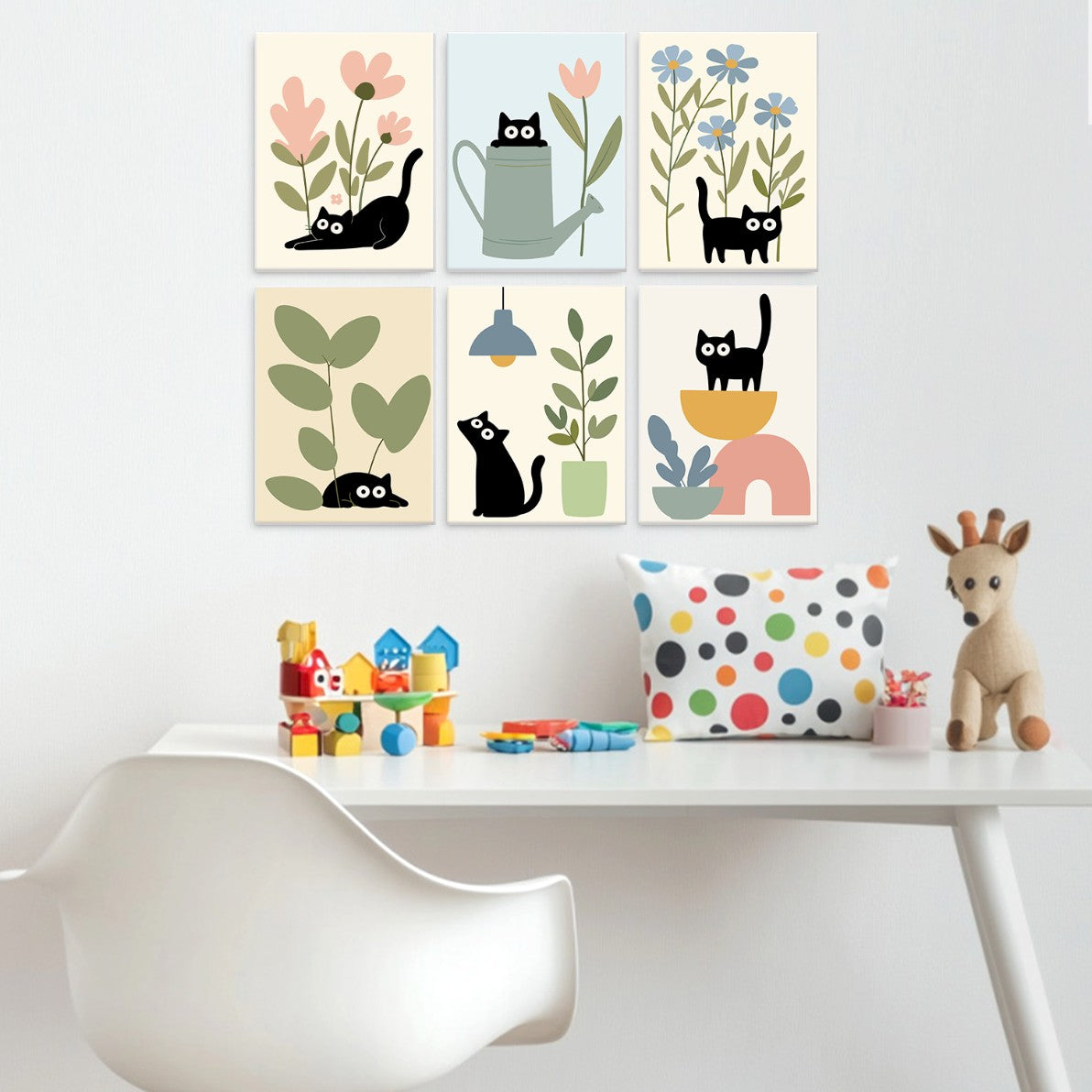 6 Mini-Gemälde auf Holzplatte – Katzen zwischen Pflanzen Set