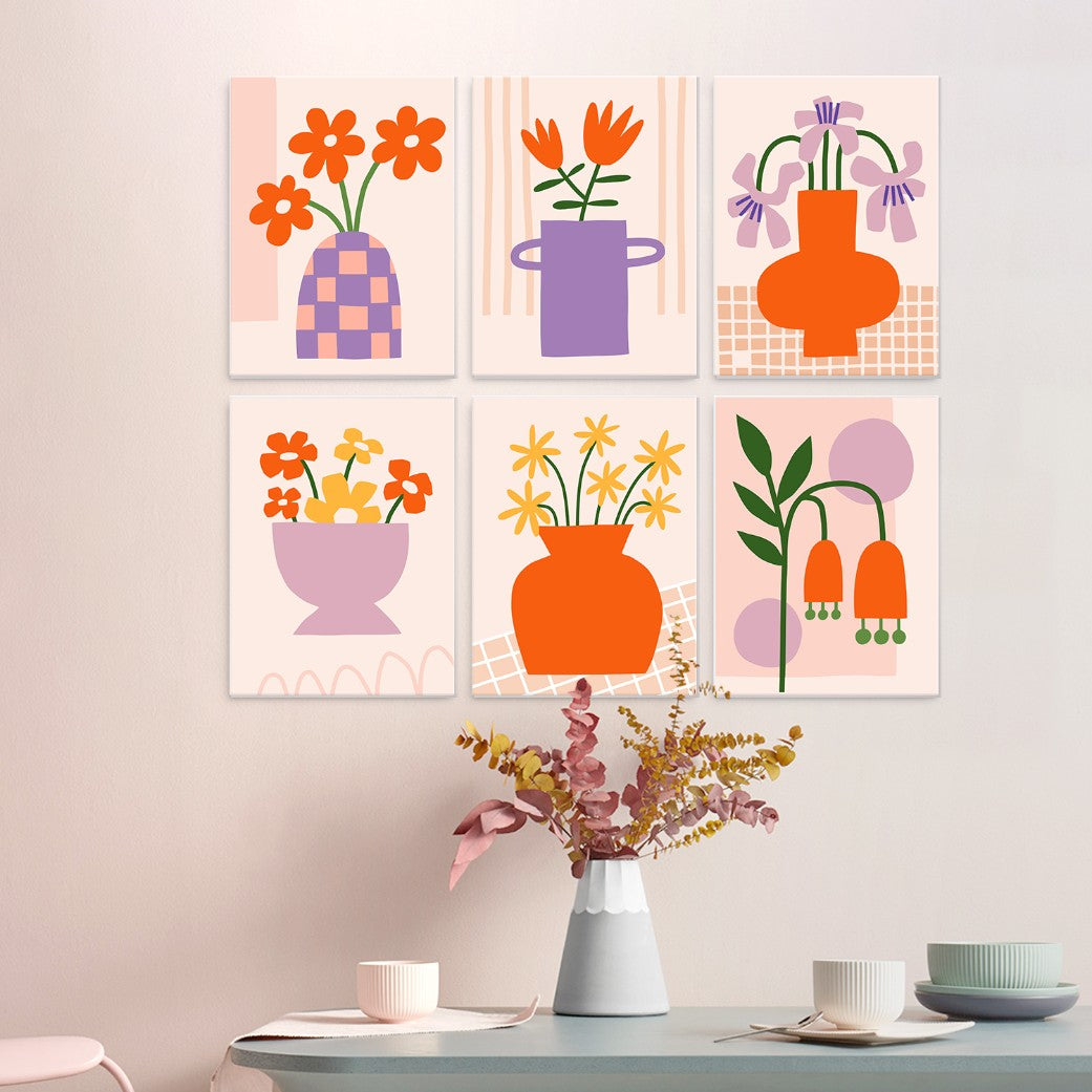 6 Mini-Gemälde auf Holzplatte – Vase voller Blüten Set