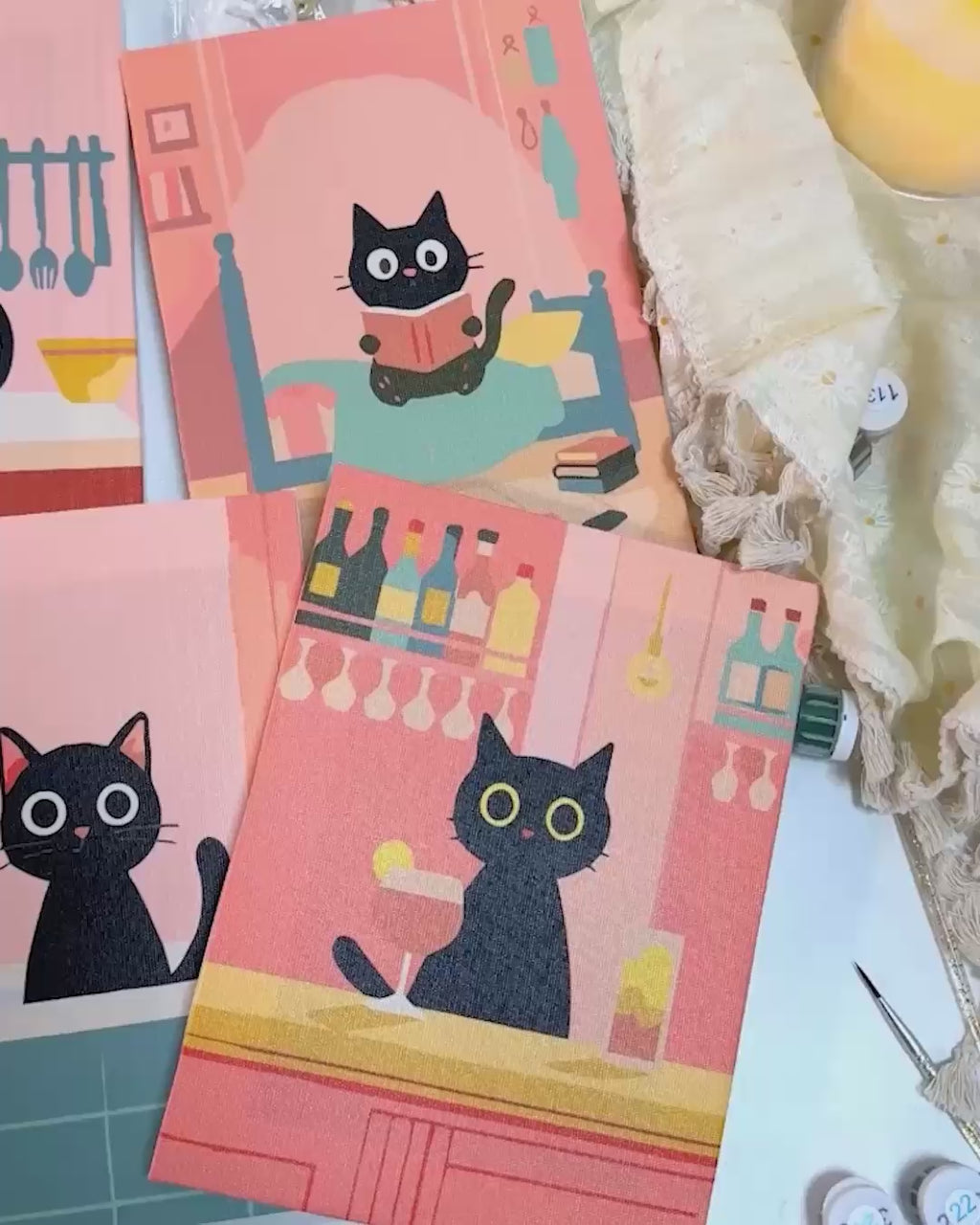 Malen nach Zahlen – 6 Mini-Gemälde | Das Schwarze-Katze-Set