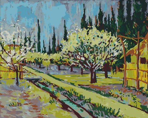 Malen nach Zahlen - Malen nach Zahlen - Blühender Obstgarten, von Zypressen umgeben - Vincent van Gogh