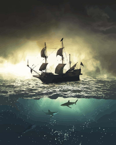 Malen nach Zahlen - Malen nach Zahlen - Segelschiff mit Haien