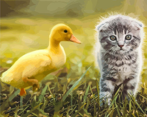 Malen nach Zahlen - Malen nach Zahlen - Ente spielt mit Katze