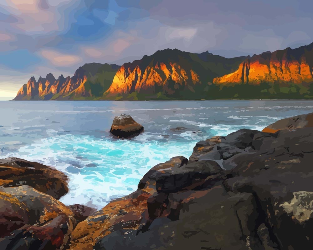 Malen nach Zahlen   Abendliche norwegische Meereslandschaft