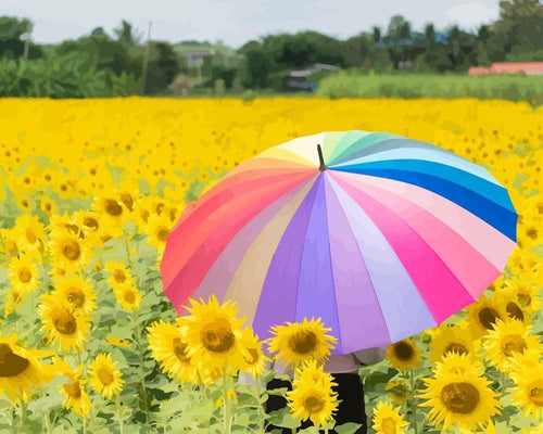 Malen nach Zahlen - Bunter Regenschirm im Sonnenblumenfeld