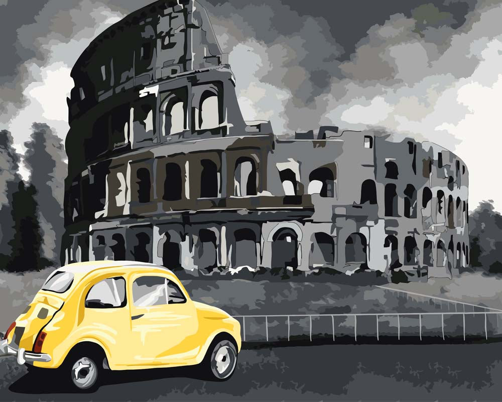 Malen nach Zahlen   Das gelbe Auto vor dem Kolosseum