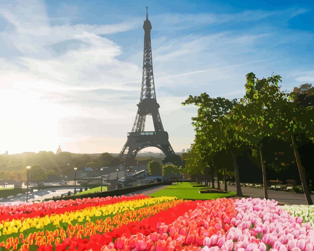 Malen nach Zahlen   Eiffelturm vor Tulpenbeet
