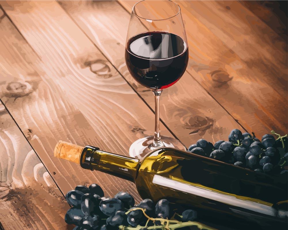 Malen nach Zahlen   Glas und Flasche Rotwein mit Trauben