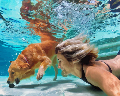 Malen nach Zahlen - Hund und Frau Unterwasser