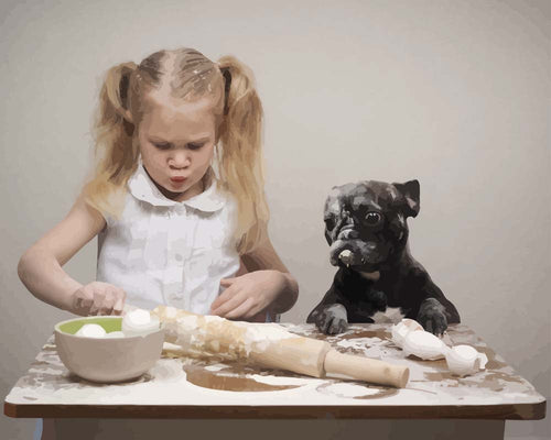 Malen nach Zahlen - Hund und Kind am backen