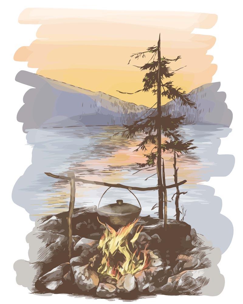 Malen nach Zahlen   Lagerfeuer im Hintergrund eines Sees