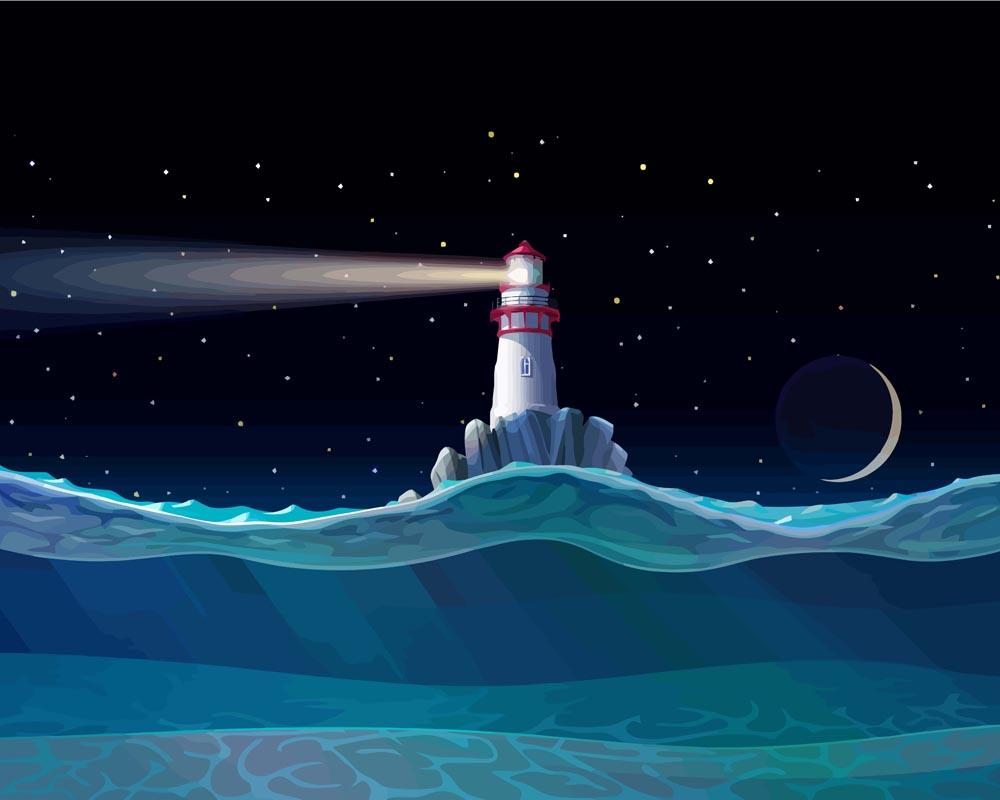 Malen nach Zahlen   Leuchtturm Meer, Unterwasser, Wellen, Nacht
