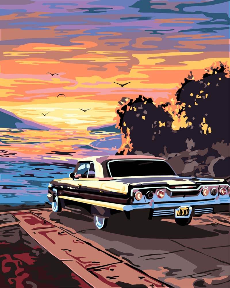 Malen nach Zahlen   Oldtimer bei Sonnenuntergang