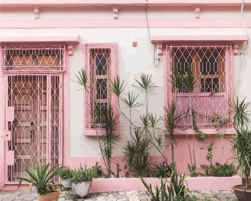 Malen nach Zahlen - Pinkes Haus in den Tropen
