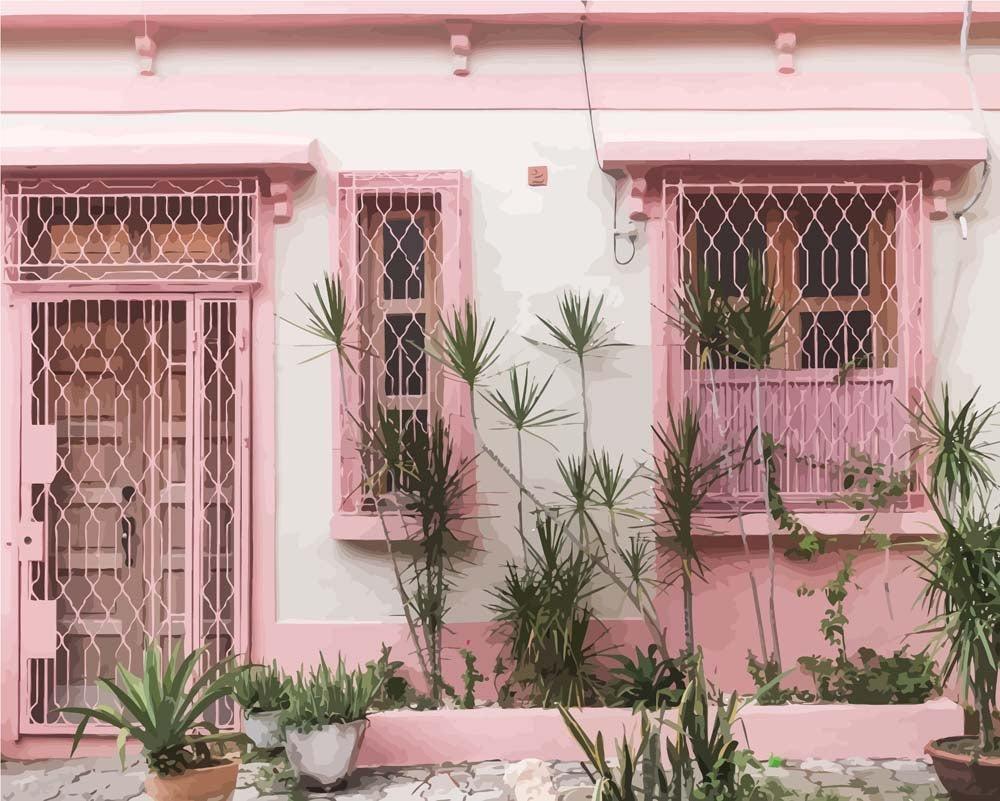 Malen nach Zahlen   Pinkes Haus in den Tropen