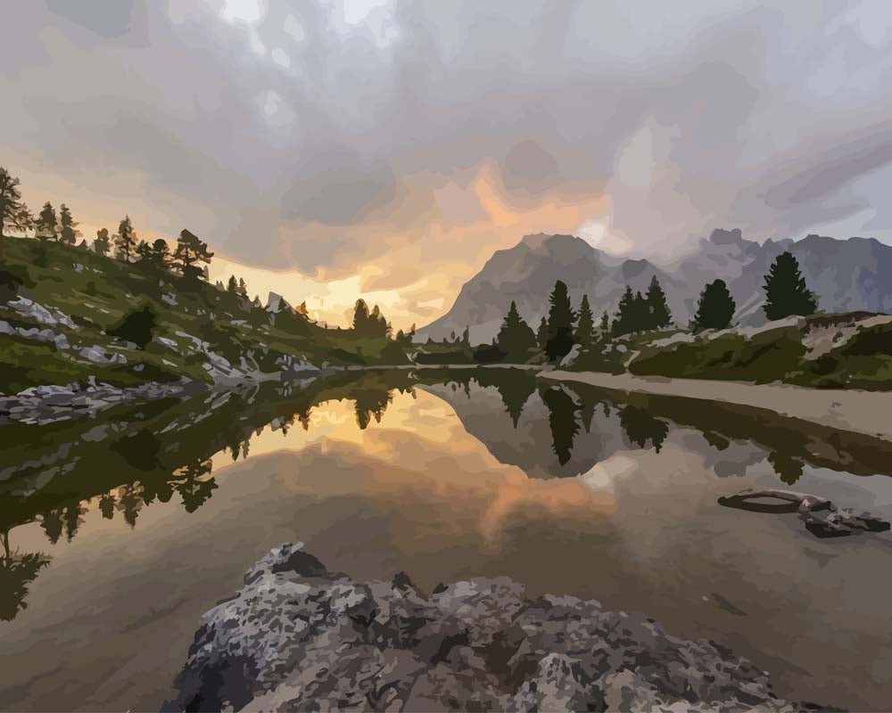Malen nach Zahlen   Spiegelung im Bergsee