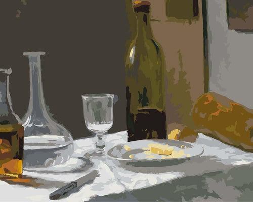 Malen nach Zahlen - Stillleben mit Flasche, Karaffe, Brot und Wein - Claude Monet