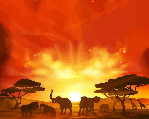 Malen nach Zahlen - Tiere Safari-Silhouetten