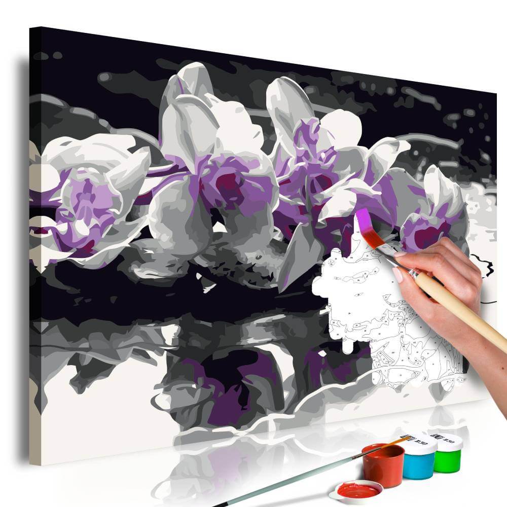 Malen nach Zahlen   Violette Orchidee (schwarzer Hintergrund & Wasserspiegelung)